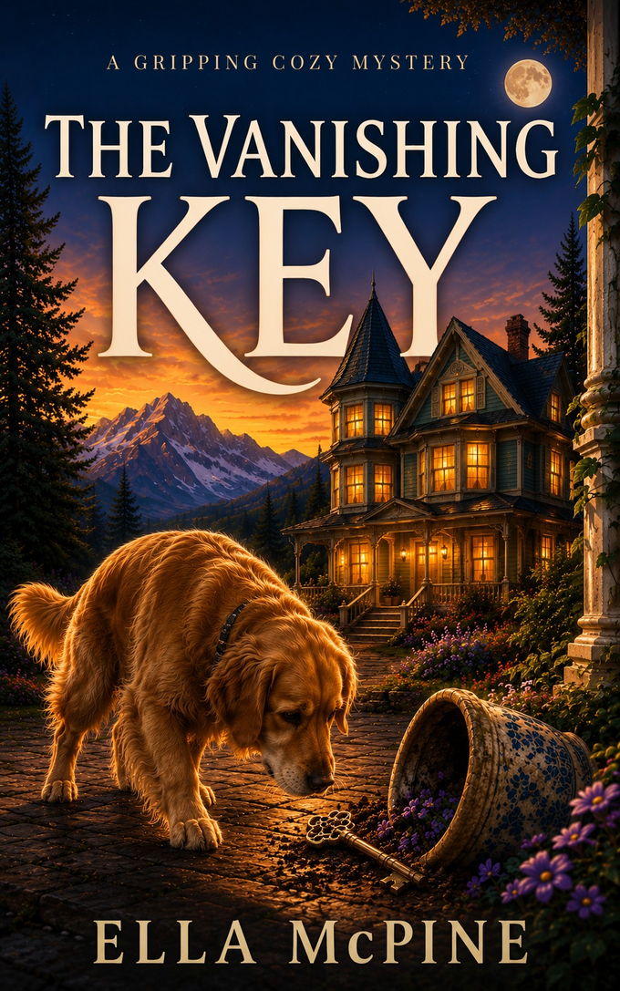 Capa de The Vanishing Key: uma casa vitoriana iluminada ao entardecer, montanhas nevadas ao fundo, e um golden retriever farejando uma chave caída no chão.